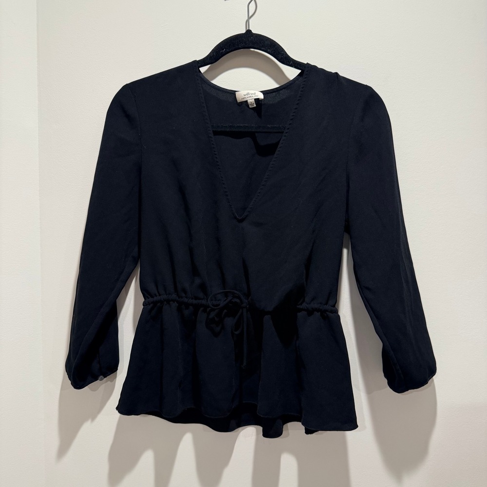 WILFRED ARITZIA Black V-Neck Peplum Blouse Cinched Waist Long Sleeve‎ Small